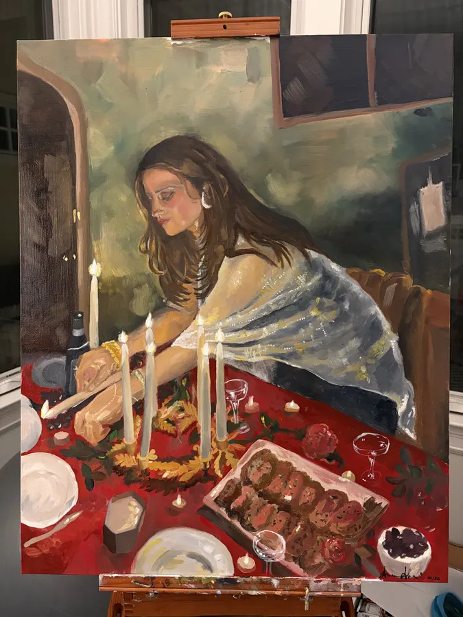 Painting of a woman at a candlelit red table