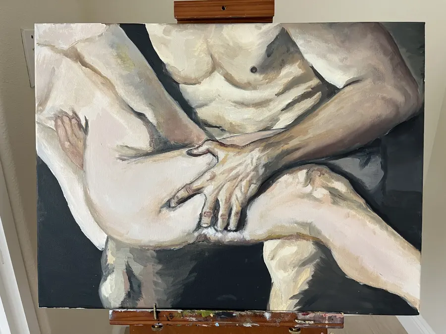 Painting of two figures, hands gripping a thigh