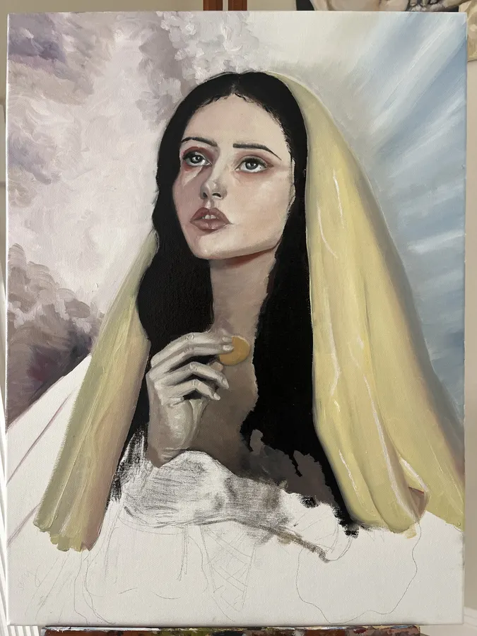 Painting of a veiled woman looking upward, holding a coin
