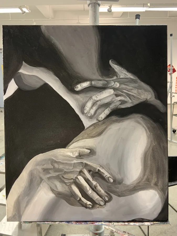 Black and white painting of hands resting on a body